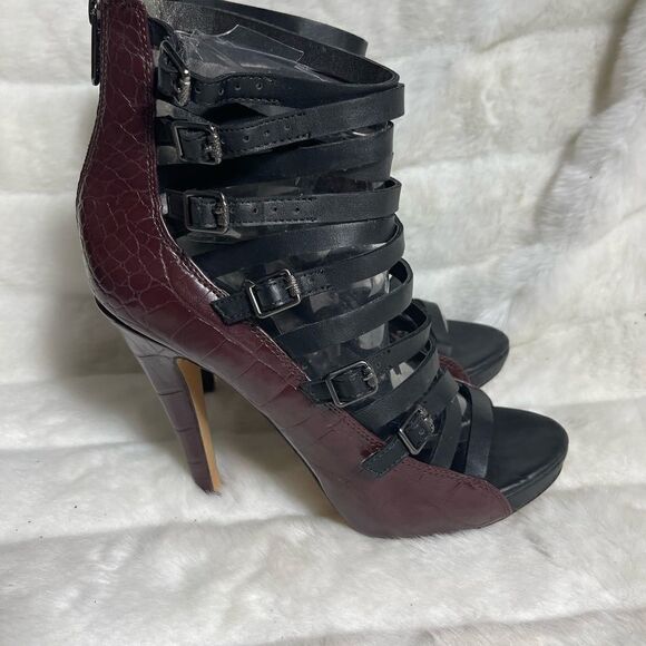 Circus By Sam Edelman Lennox burgundy crocs prints & black gladiator heels SZ8.5 - Picture 3 of 12